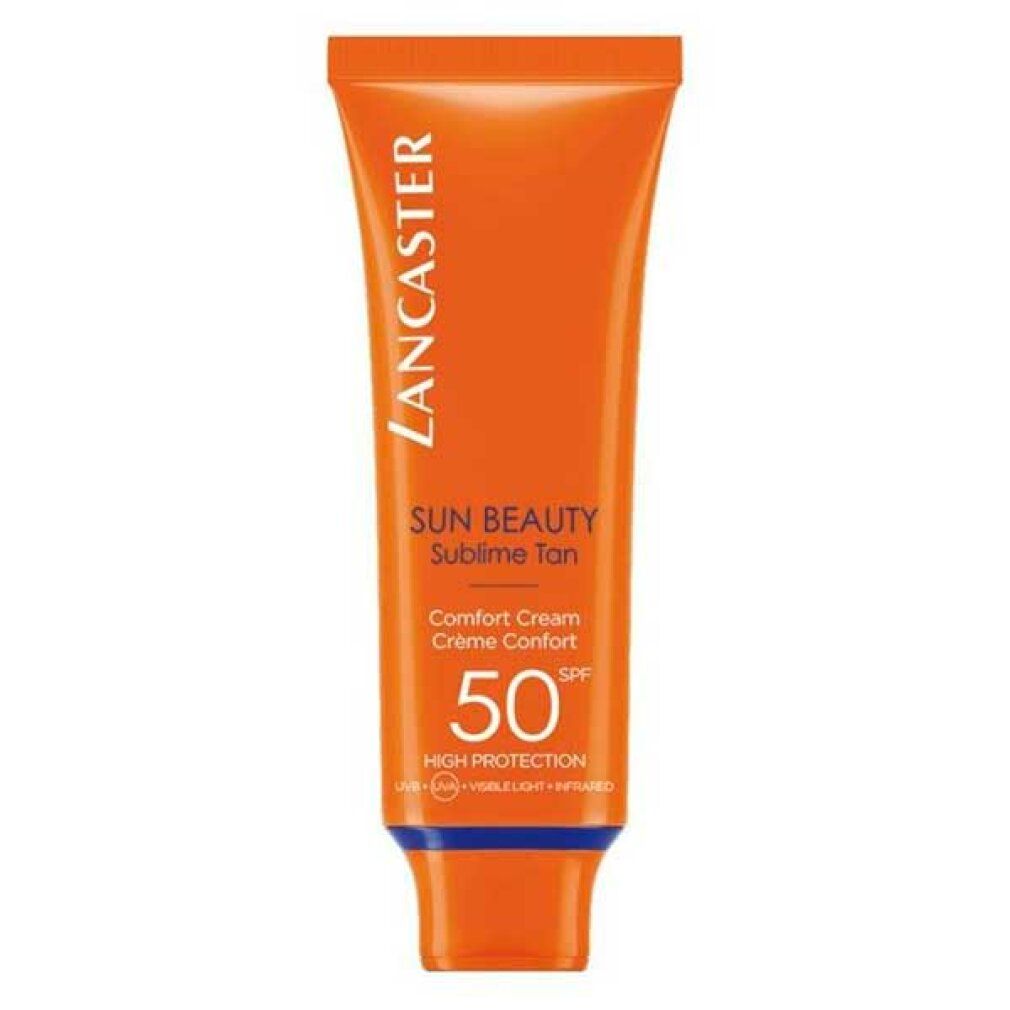 Orange Tube mit Sonnencreme. Text: Lancaster, Sun Beauty, Sublime Tan, Comfort Cream, SPF 50, High Protection.