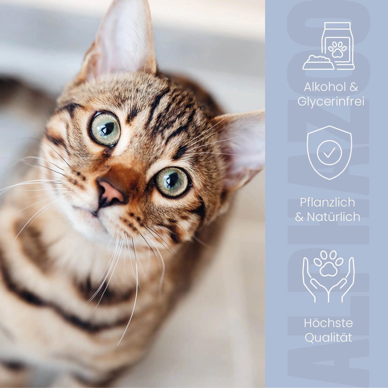 Katzenkopf mit grünen Augen. Text: Alkohol- & Glycerinfrei, Pflanzlich & Natürlich, Höchste Qualität.