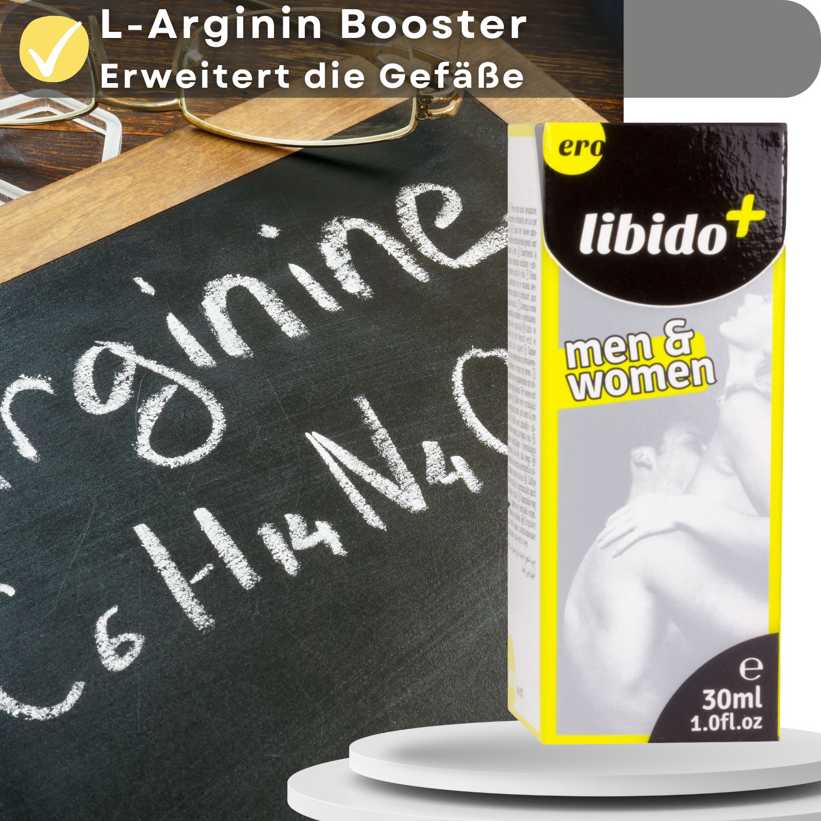 Libido+ Drops und Schachtel neben Tafel mit chemischer Formel. Marke: ero.