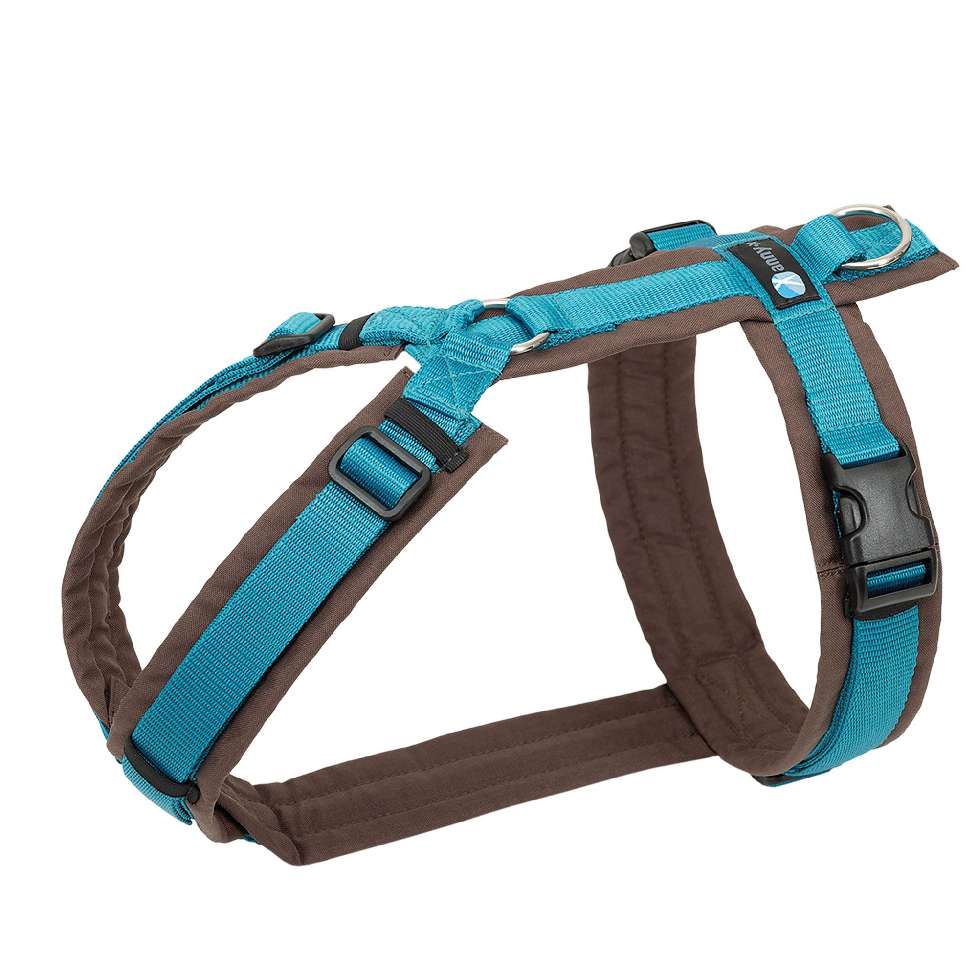 Blau-braunes Hundegeschirr. Gepolstert, mit Schnallen und Ring. Marke sichtbar.