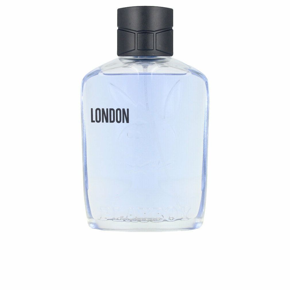 Playboy London Eau de Toilette Spray-Flasche. Transparente Flasche mit schwarzem Verschluss. Aufschrift 'LONDON'.