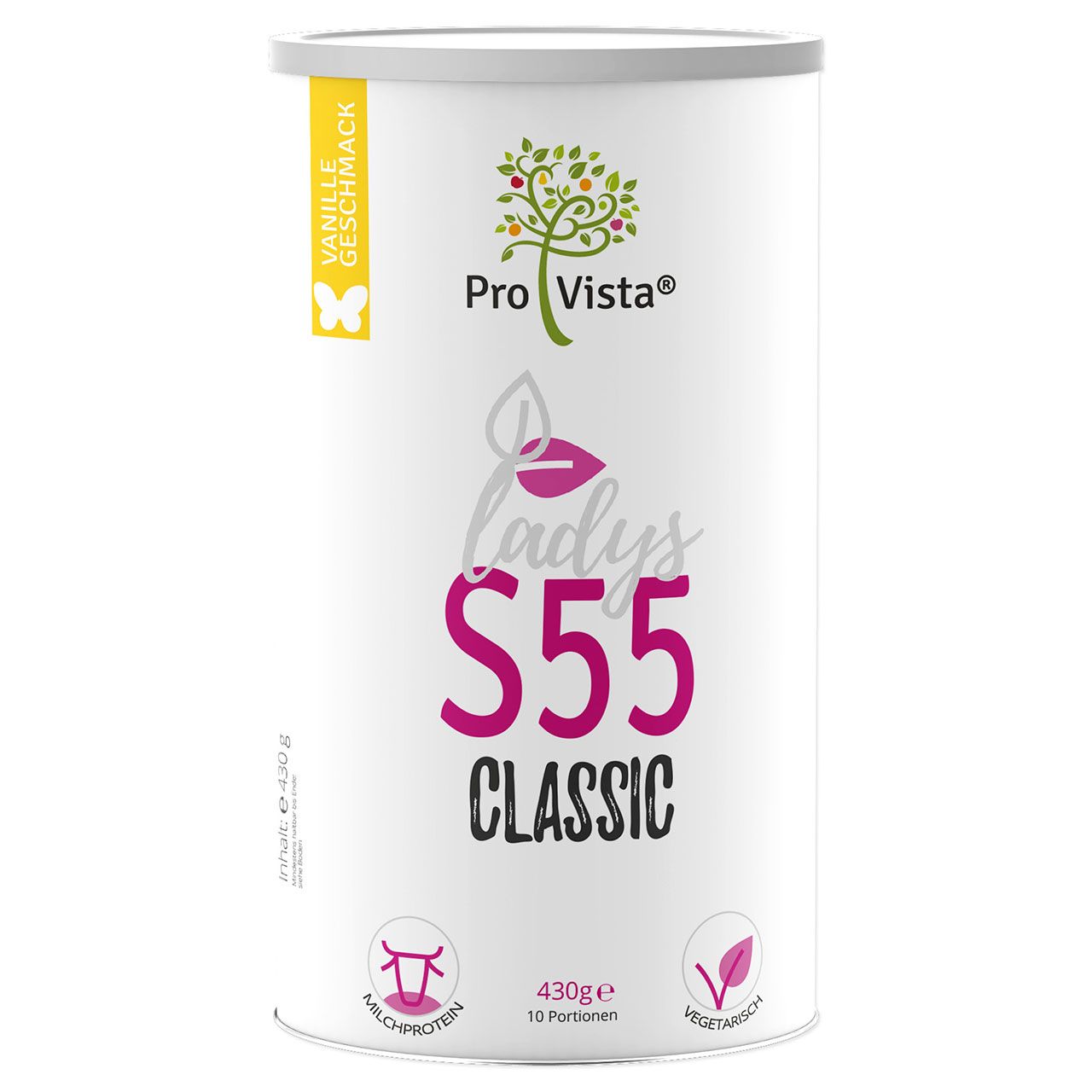 Zylinderdose mit Aufschrift "Pro Vista S55 Classic". Enthält 430g, 10 Portionen. Mit Milchprotein und vegetarisch.