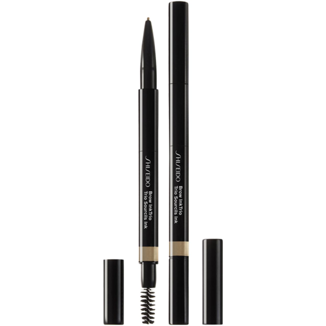 Shiseido Brow Inktrio. Schwarzer Stift mit Bürste und Kappe. Produktname und Logo sichtbar.