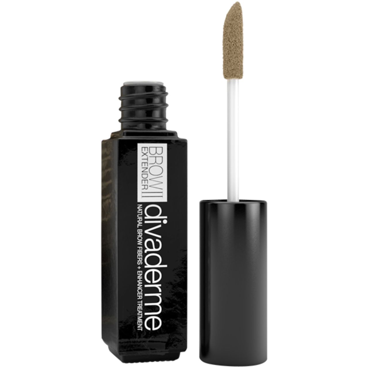 Schwarze, rechteckige Flasche mit schwarzem Deckel und Applikator. Aufschrift: Divaderme Browextender II.