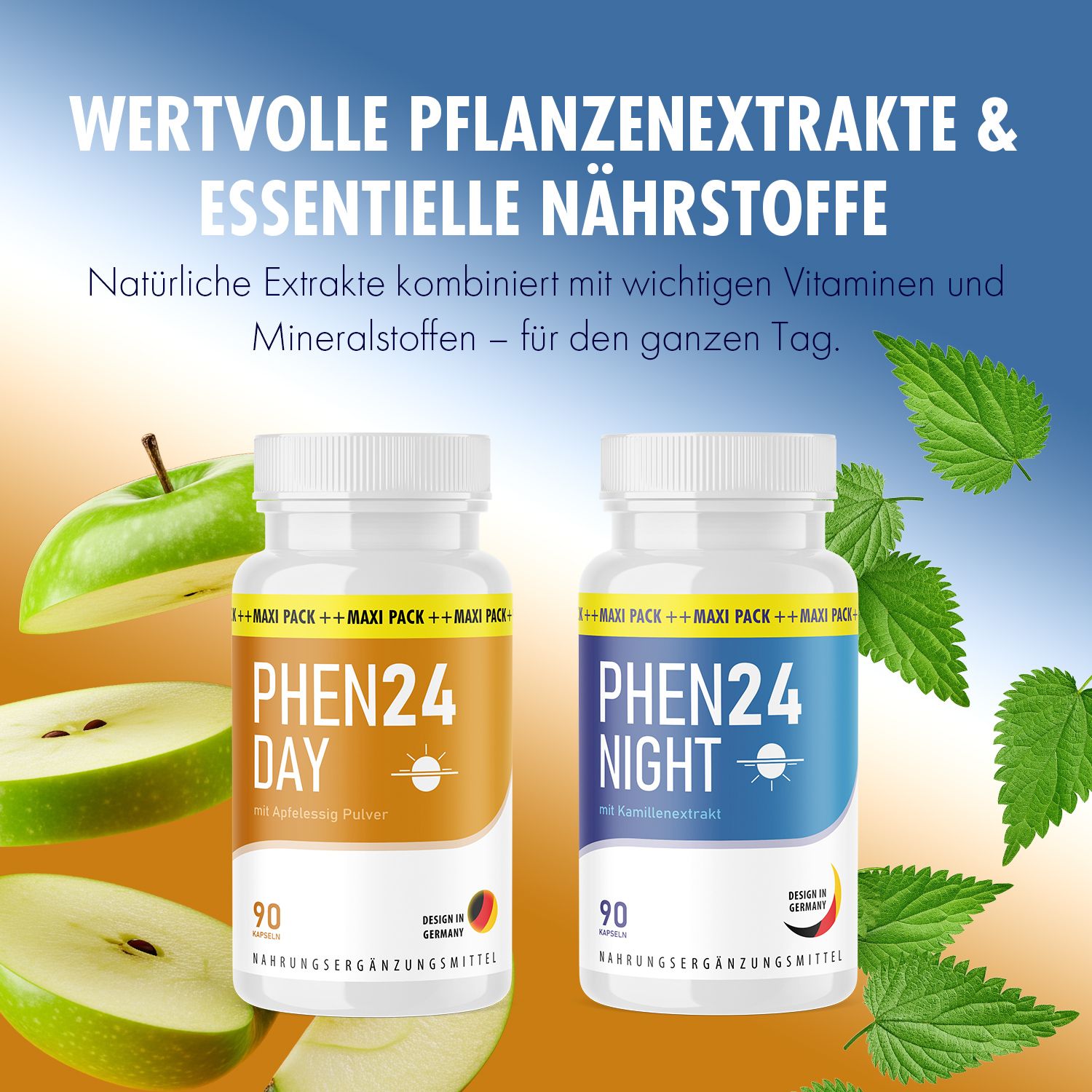 Zwei Flaschen Phen24 Day und Night Kapseln. Weiße Flaschen mit gelben und blauen Etiketten. Äpfel und Blätter im Hintergrund. Text: Wertvolle Pflanzenextrakte.