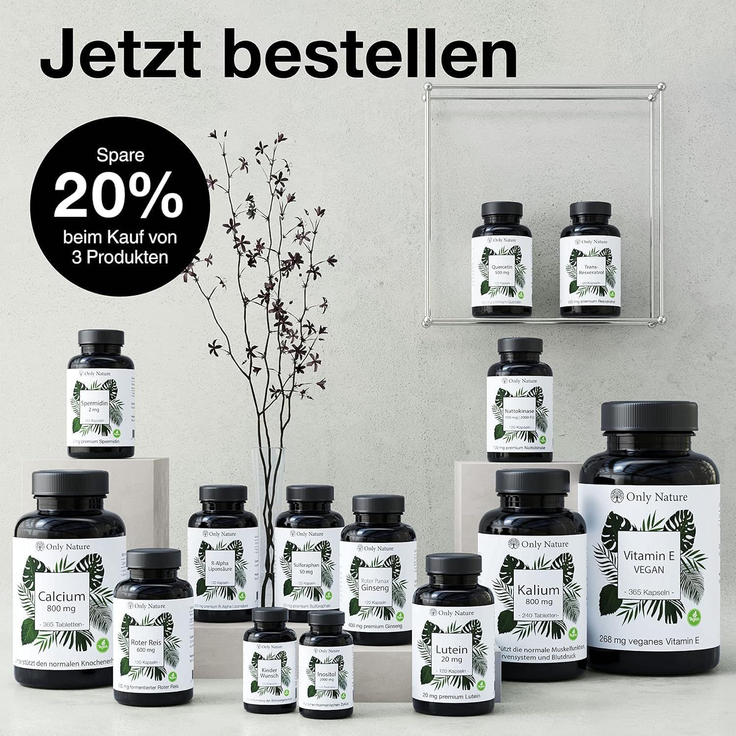 Verschiedene Flaschen und Produkte. Text: Jetzt bestellen. Spare 20% beim Kauf von 3 Produkten. Nur Nature Produkte.