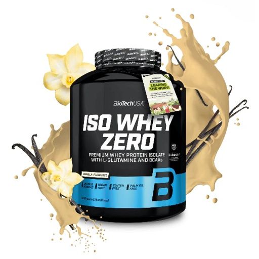 Schwarze Dose BioTechUSA Iso Whey Zero mit blauem Etikett. Vanille-Aroma. Mit Vanilleblüten und -schoten dekoriert.