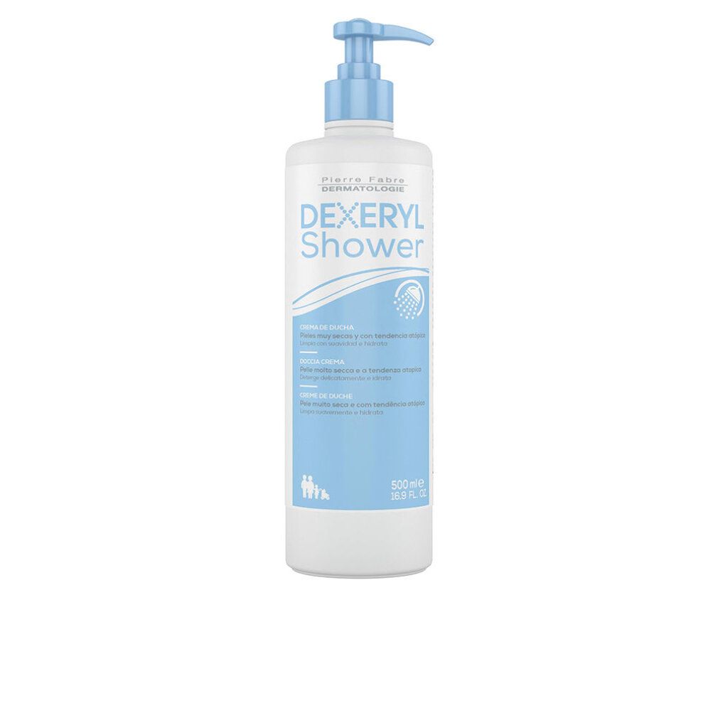 Weiße Flasche mit Pumpe. Dexeryl Shower. Produktabbildung.
