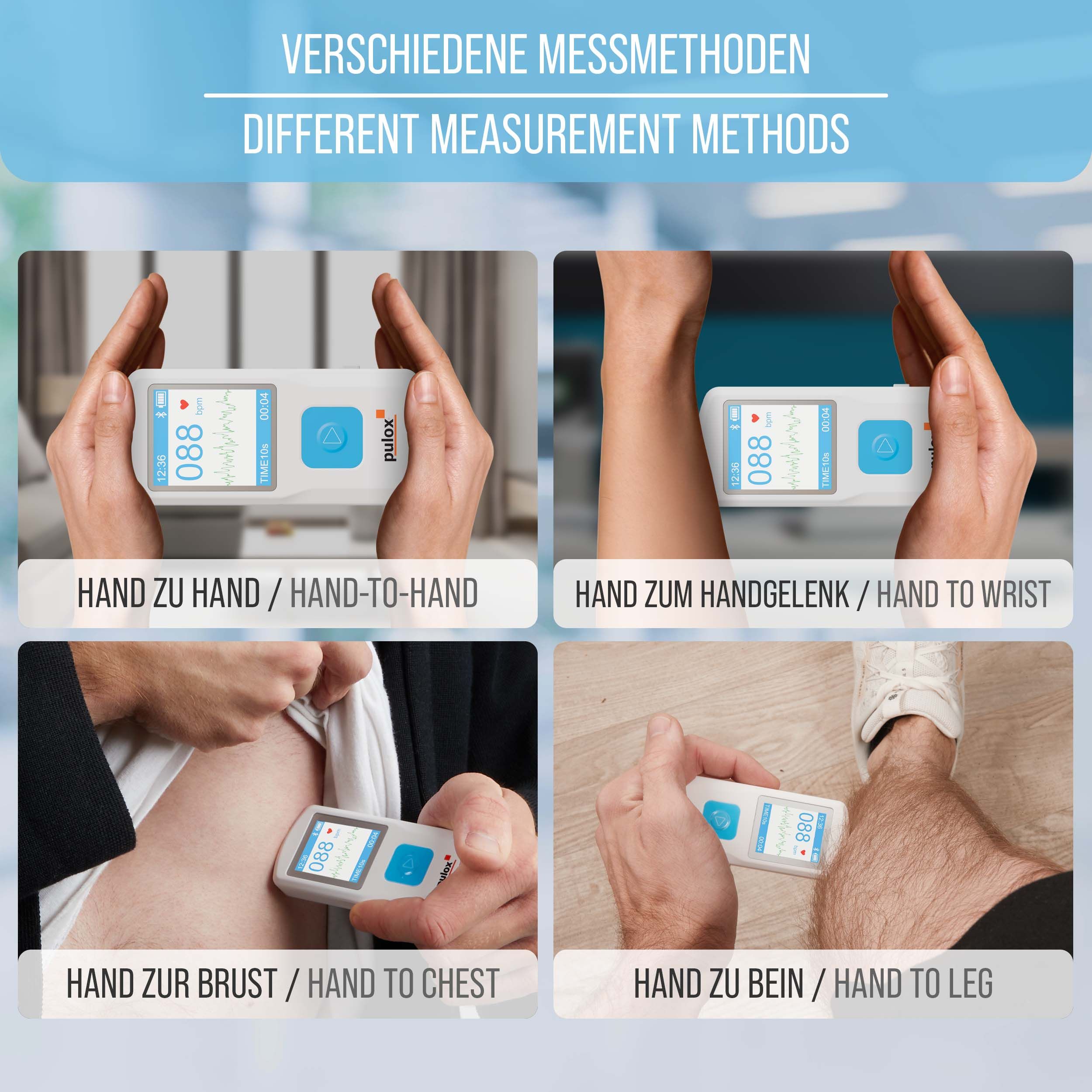 EKG-Gerät in verschiedenen Anwendungsszenarien: Hand-zu-Hand, Handgelenk, Brust und Bein. Gerät mit Display und Herzfrequenzanzeige.