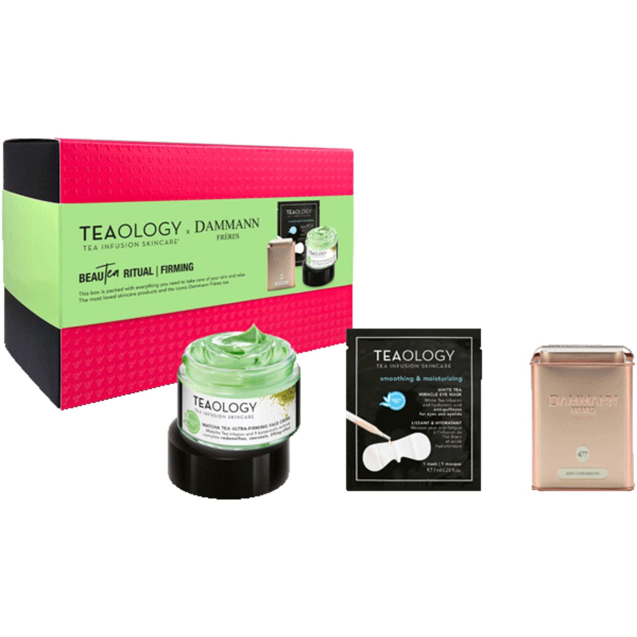 Rosa-schwarze Geschenkbox mit Creme, Probe und Dose. Creme in Glas, Probe in Schwarz, Dose in Gold.