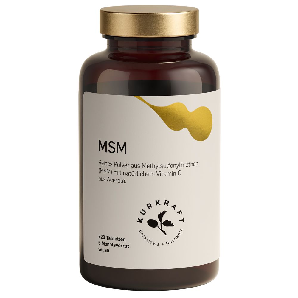 Braune Flasche mit goldfarbenem Deckel. Auf dem Etikett steht MSM, Kurkraft Botanicals, 720 Tabletten, vegan.
