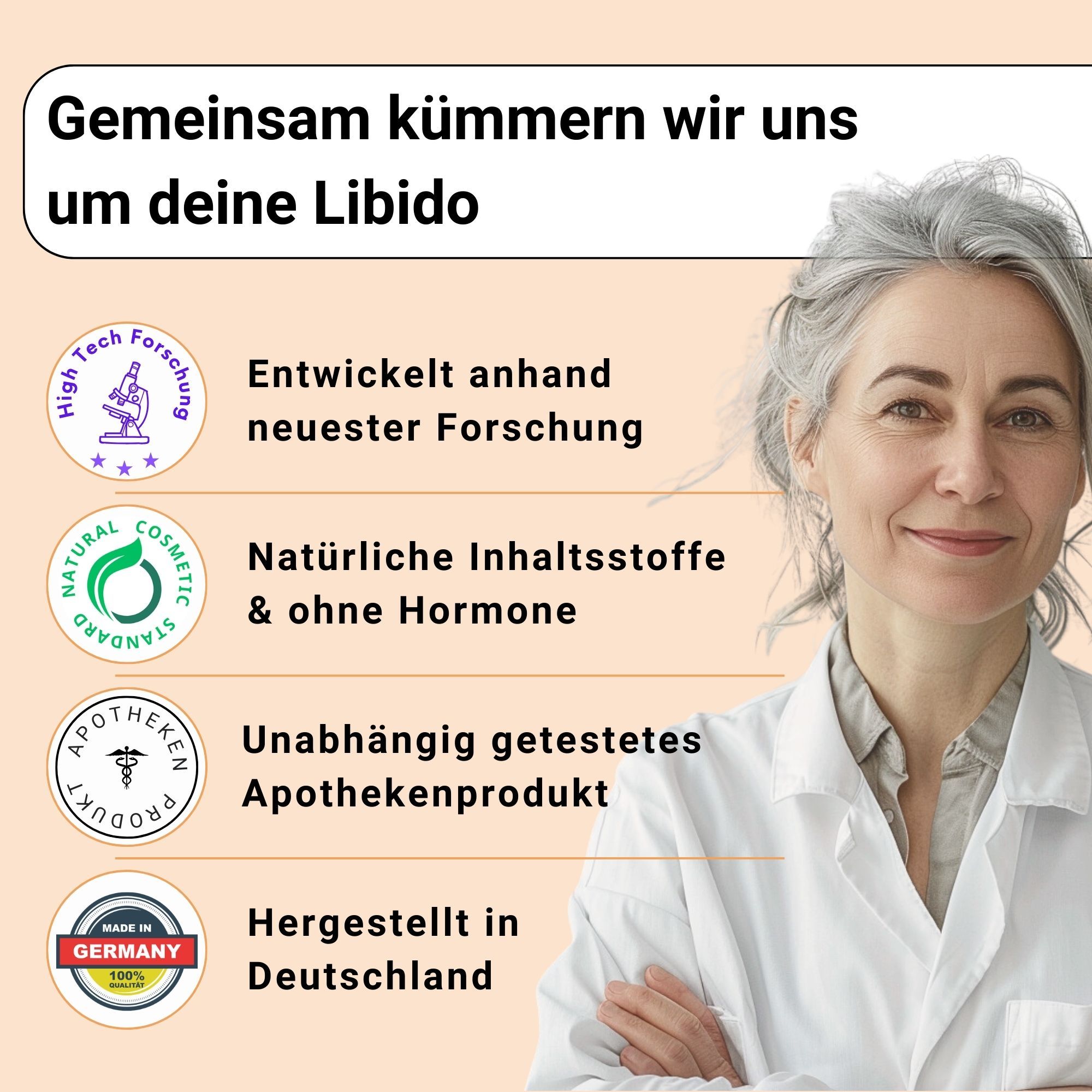 Frau im weißen Kittel mit Logos: High Tech Forschung, Natural Cosmetic Standard, Apothekenprodukt, Made in Germany.