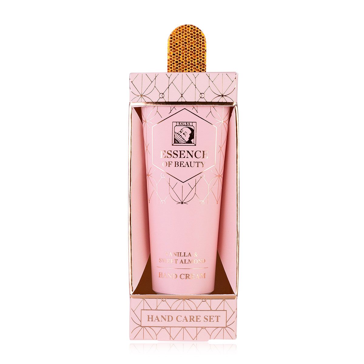 Ein rosa Handcreme-Set mit goldener Verzierung und einem gold-gepunkteten Verschluss.