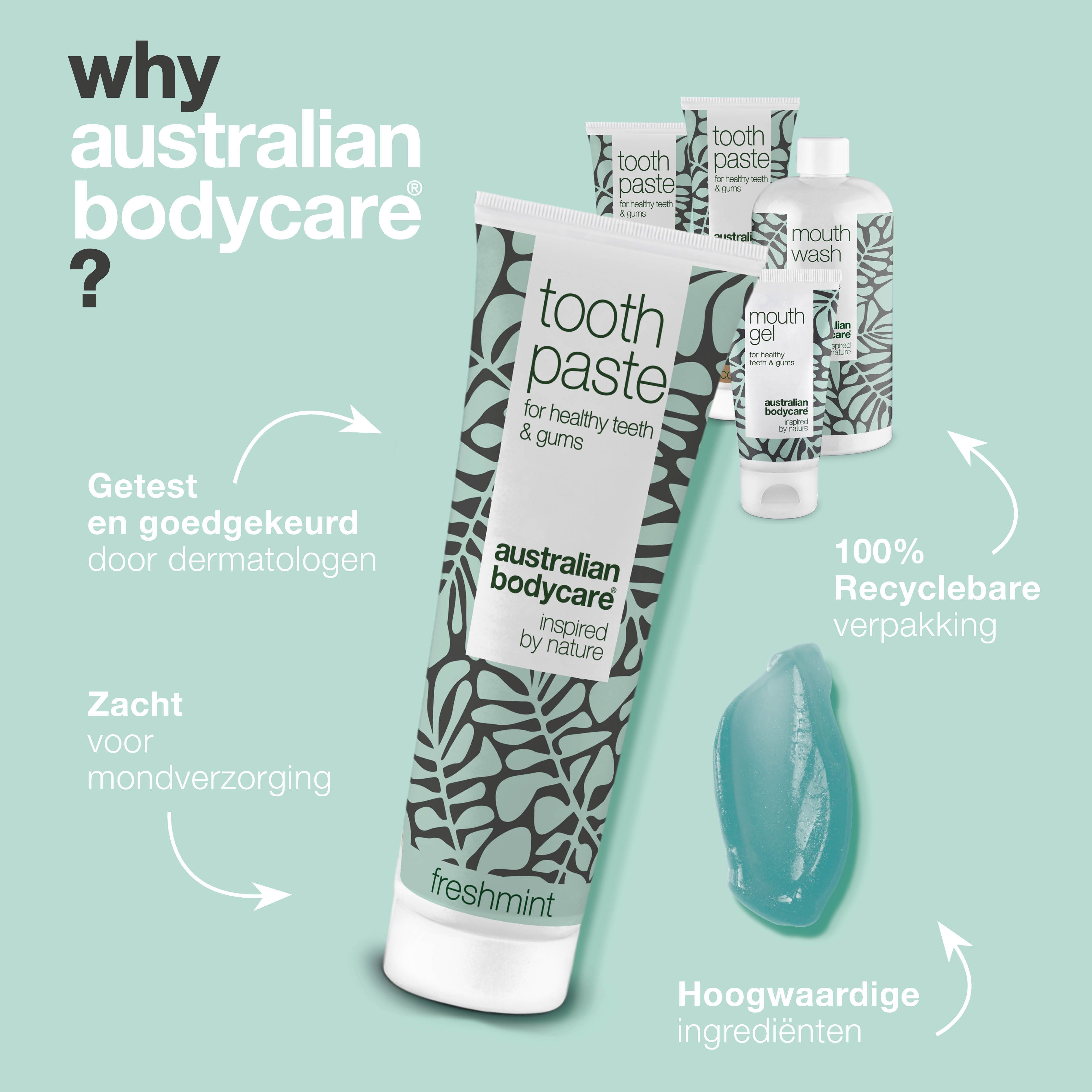Een afbeelding die de voordelen van mondverzorgingsproducten laat zien. Producten zijn mondwater, tandpasta en mondgel.