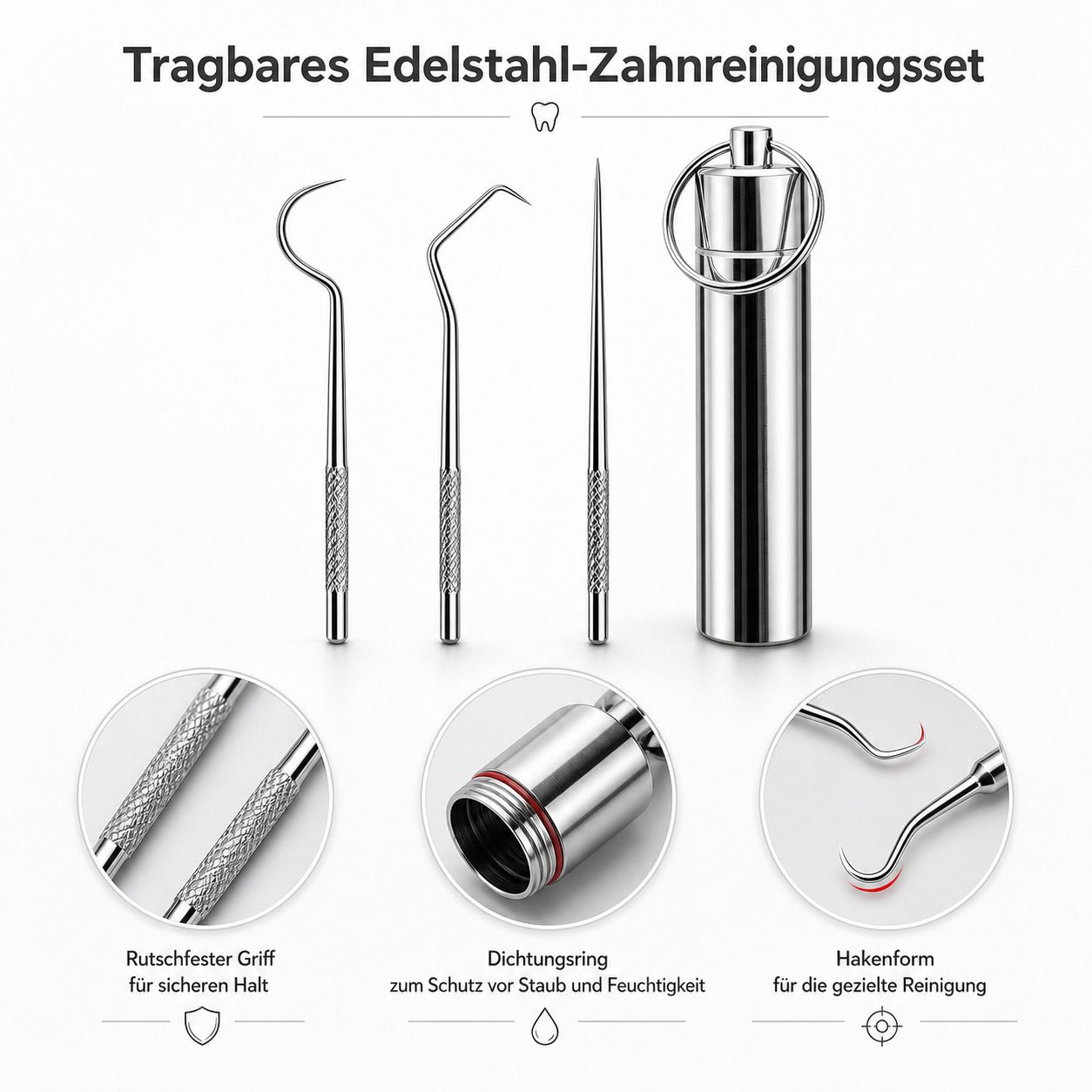 Edelstahl-Zahnreinigungsset mit drei Zahnstochern, Aufbewahrungsbehälter und Detailansichten. Rutschfester Griff und Hakenform.