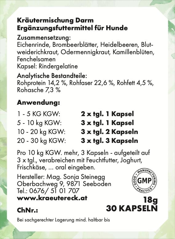 Etikett mit Informationen zu Kräutermischung für Hunde. Enthält Zusammensetzung, Anwendung, Hersteller und GMP-Siegel.