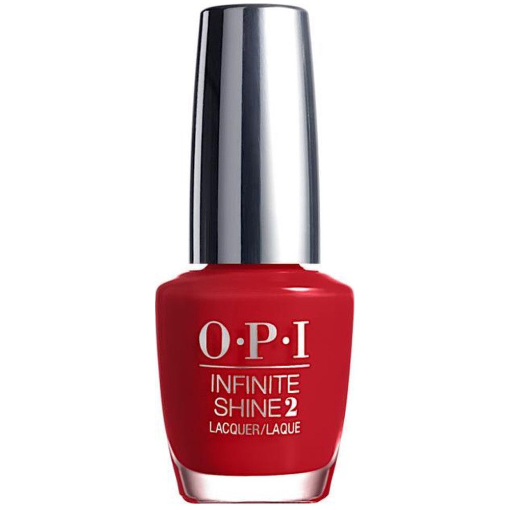 Rote Nagellackflasche mit silbernem Deckel. OPI Infinite Shine 2-Logo.