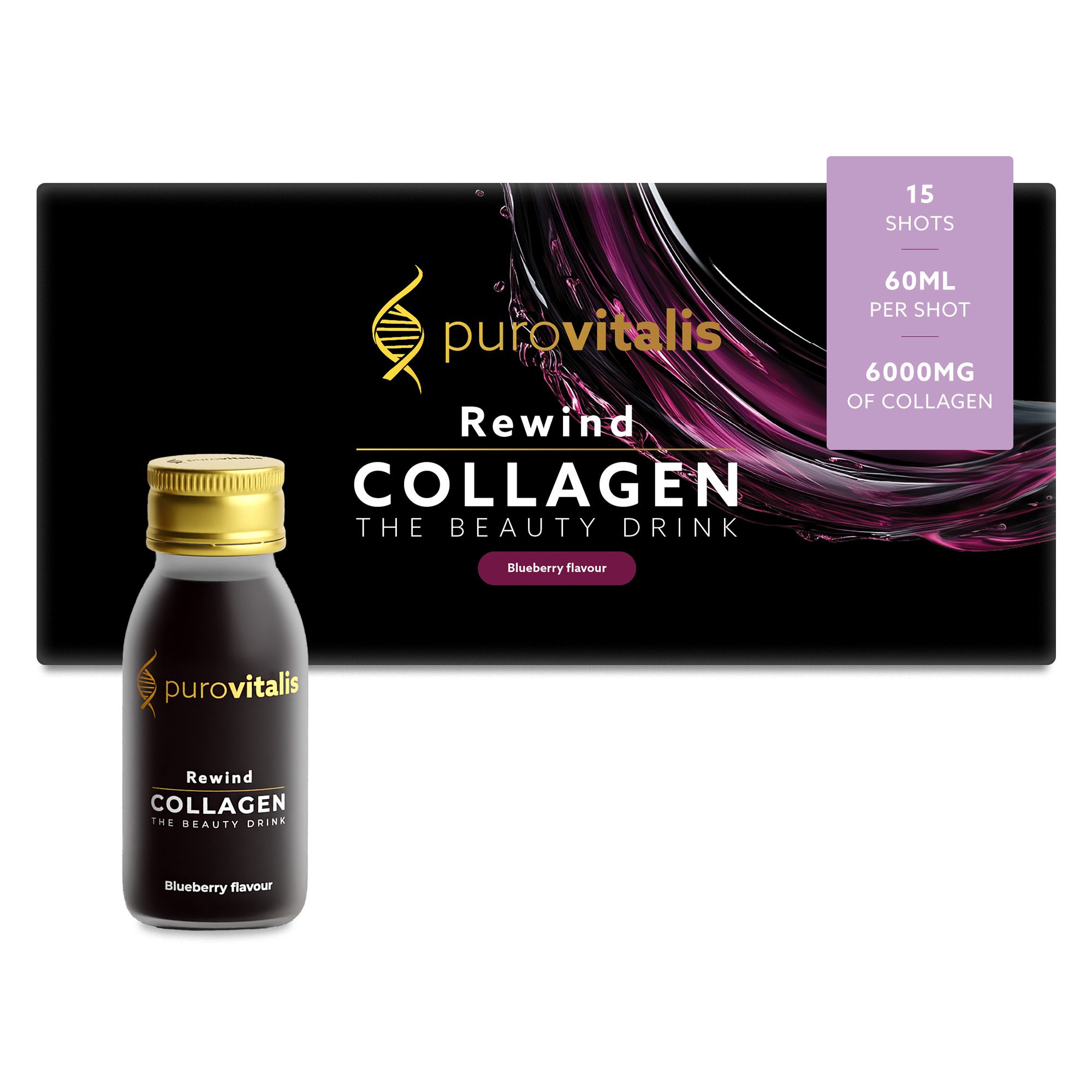 Eine Flasche Rewind Collagen Drink neben einer Packung mit 15 Shots. Auf der Packung steht "6000MG OF COLLAGEN".