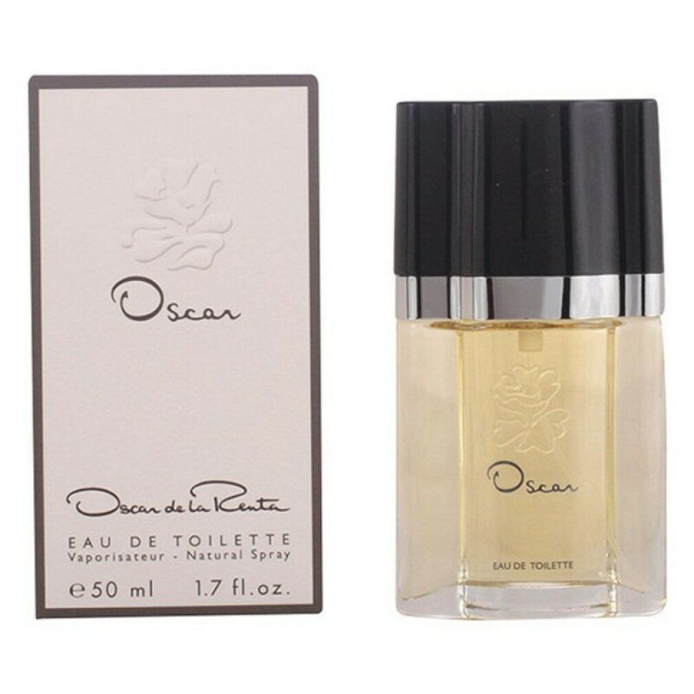 Flakon und Schachtel. Aufschrift "Oscar" und "Oscar de la Renta". "Eau de Toilette". 50 ml. Weiße Verpackung.