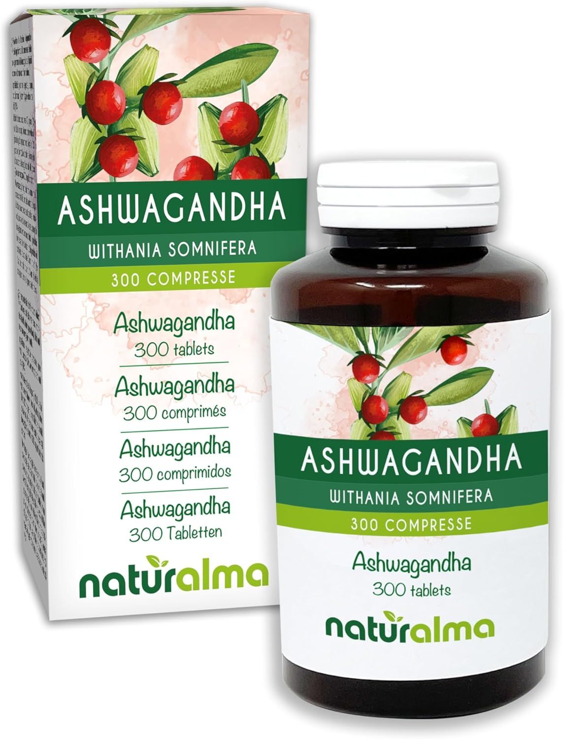 Produktverpackung mit Ashwagandha-Tabletten. Braune Flasche und Schachtel mit Produktinformationen.