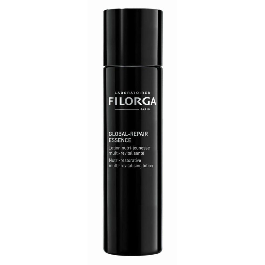 Schwarze Flasche mit Filorga Global-Repair Essence-Etikett. Text: Lotion nutri-jeunesse multi-revitalisante.