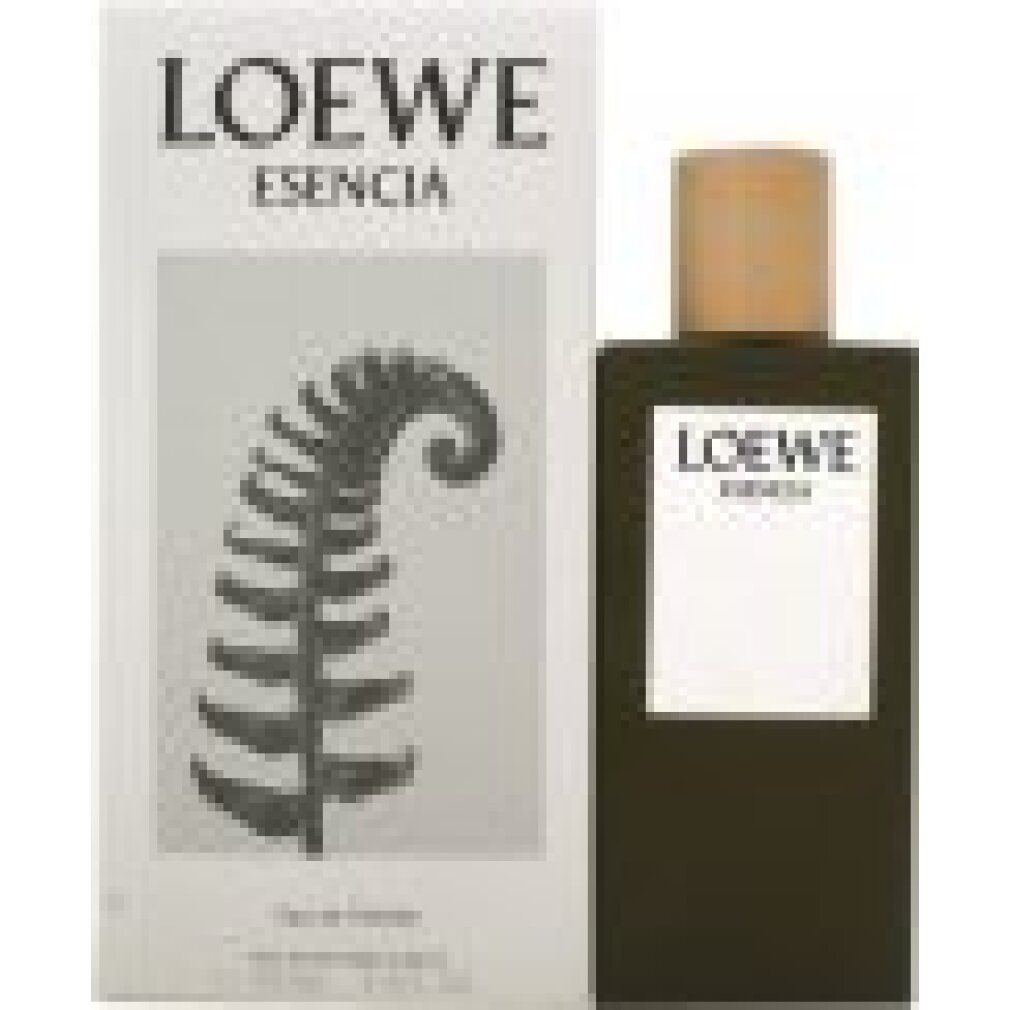 Loewe Essencia Flakon und Verpackung. Rechteckiger Flakon mit Holzverschluss, daneben eine weiße Schachtel mit Logo und Farn-Abbildung.