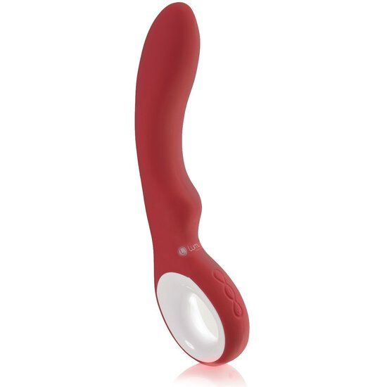 Roter Silikon-Vibrator mit weißem Kopf. Geschwungene Form mit drei Ornamenten. Logo am unteren Ende.