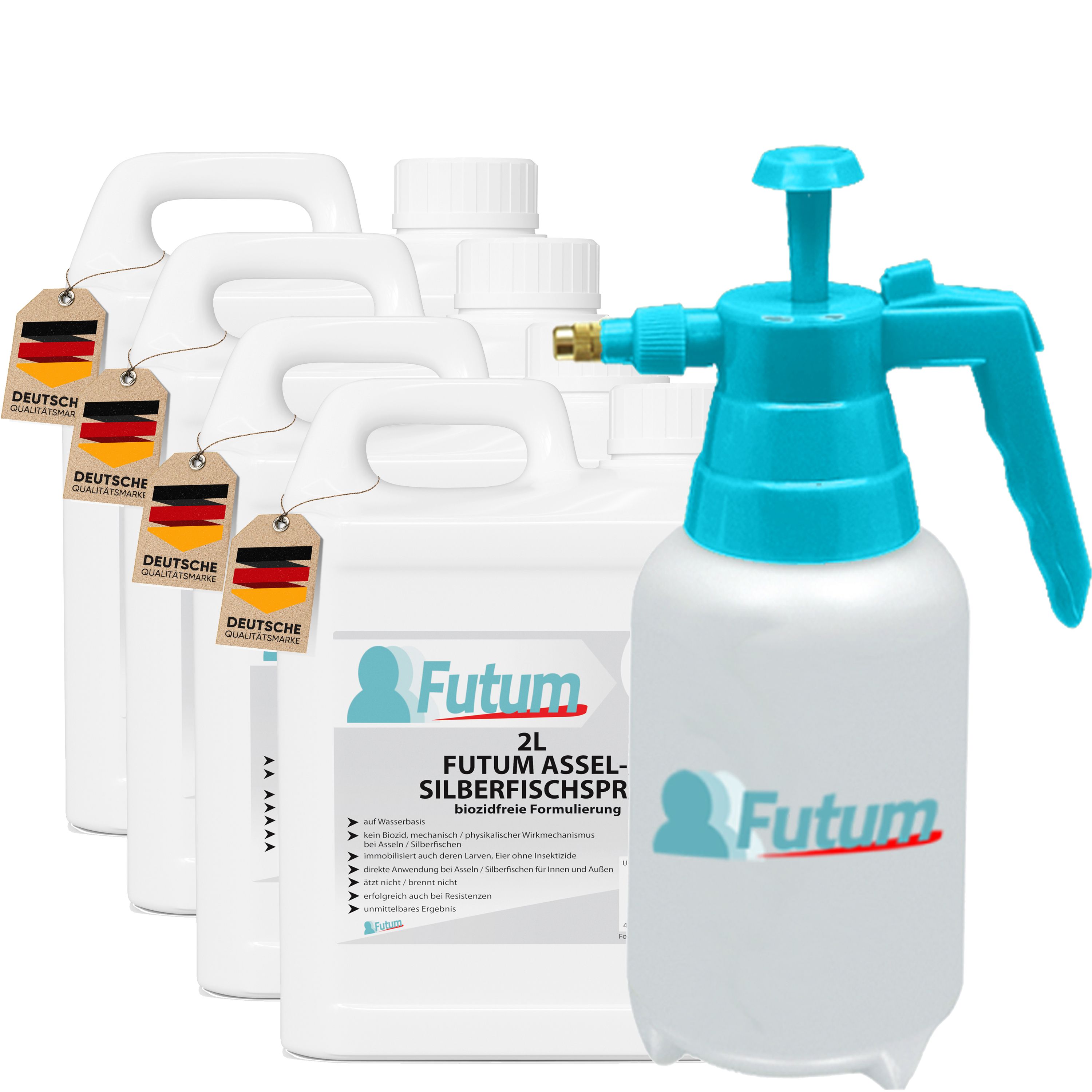 FUTUM 4x2L Silberfisch- / Asselspray und 2L Sprüher. Vier Kanister mit Etiketten und ein Sprüher. Deutsche Qualitätsmarke.