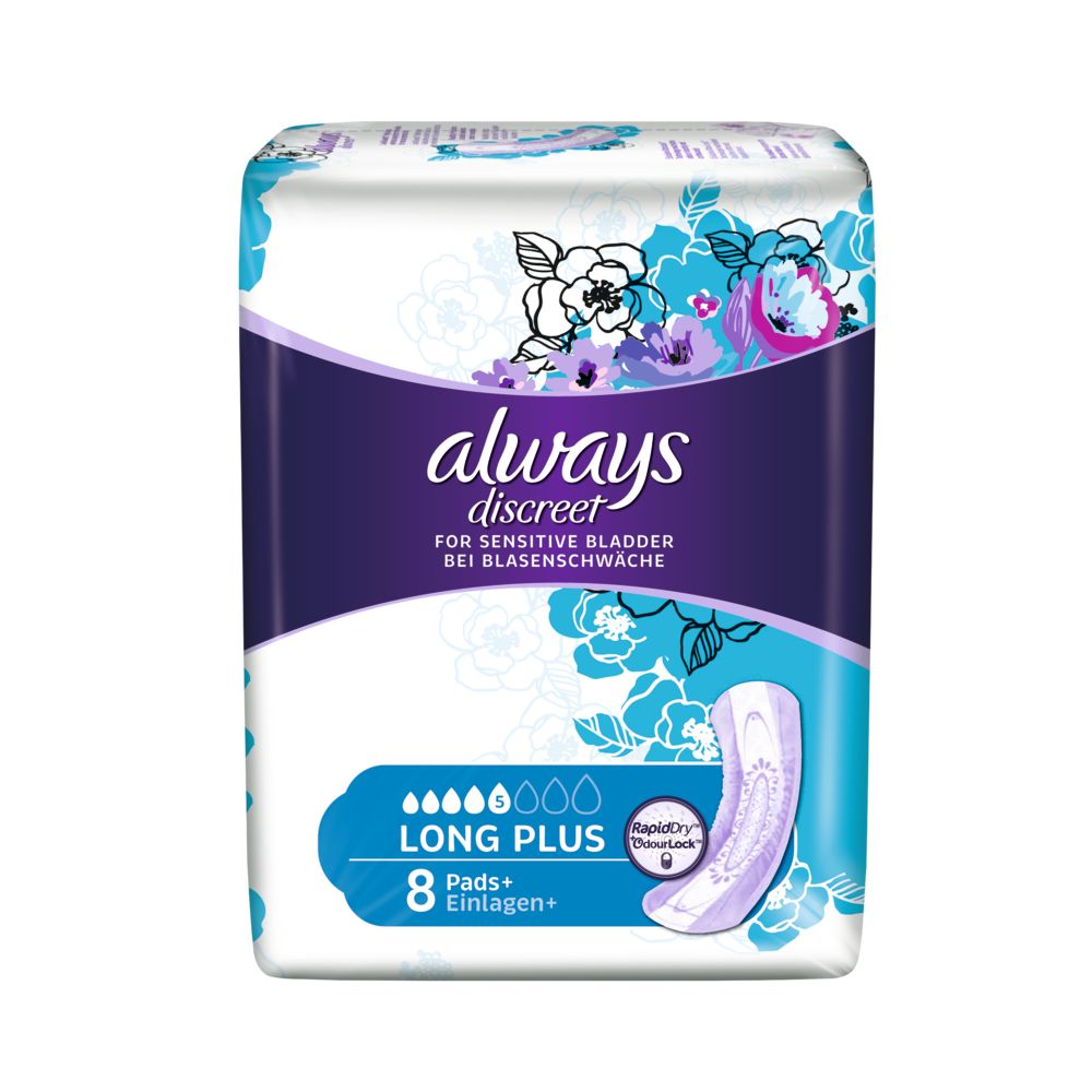 Always Discreet Long Plus Packung. Enthält 8 Einlagen. Mit floralem Design und Produktabbildung.