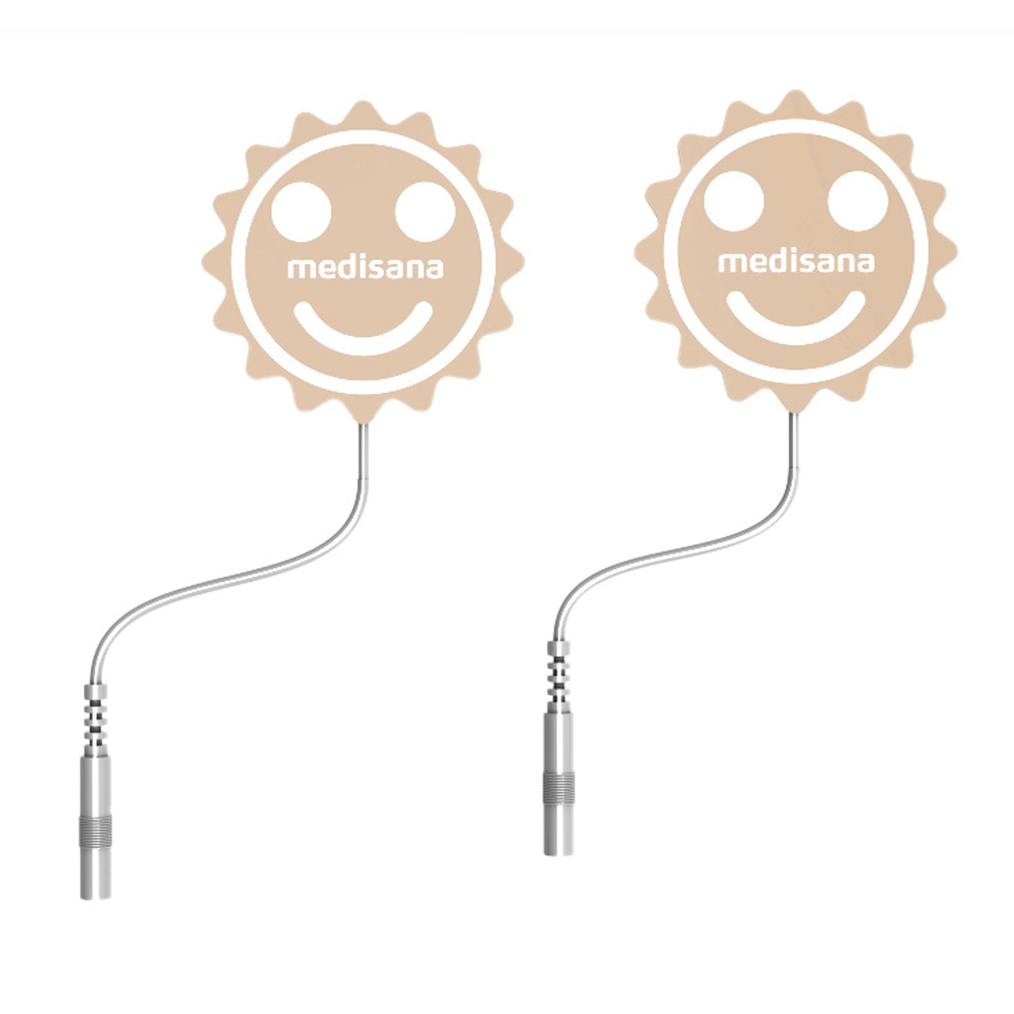 Zwei runde Elektroden mit "medisana"-Schriftzug und Smiley-Gesicht. Mit Kabel und Stecker.