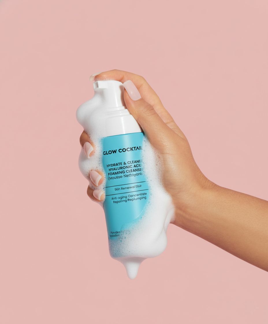 Hand hält eine Flasche mit Schaum. Aufschrift: Glow Cocktail, Hydrate & Cleanse, Hyaluronsäure, Foaming Cleanser. Rosa Hintergrund.
