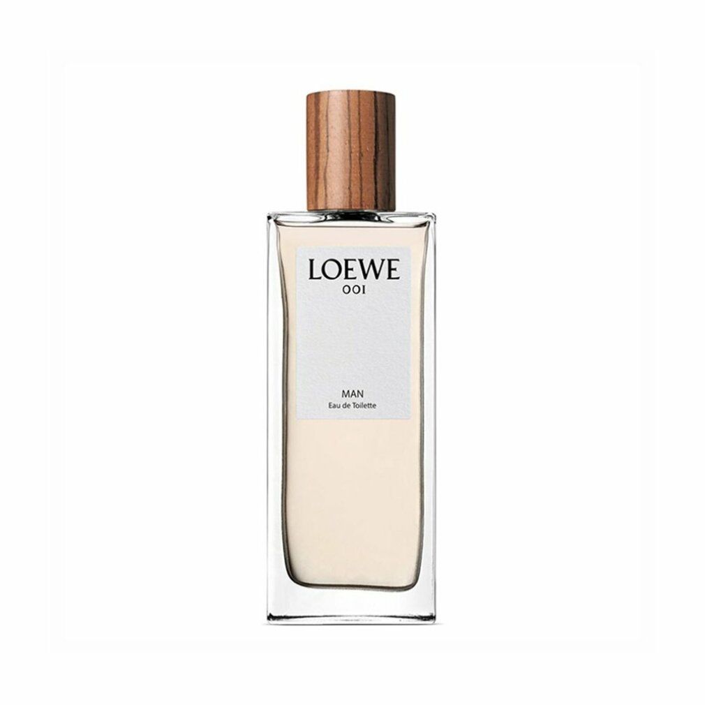 Loewe 001 Man Eau de Toilette Spray. Rechteckiger Glasflakon mit Holzdeckel. Weißes Etikett mit Logo und Produktbezeichnung.