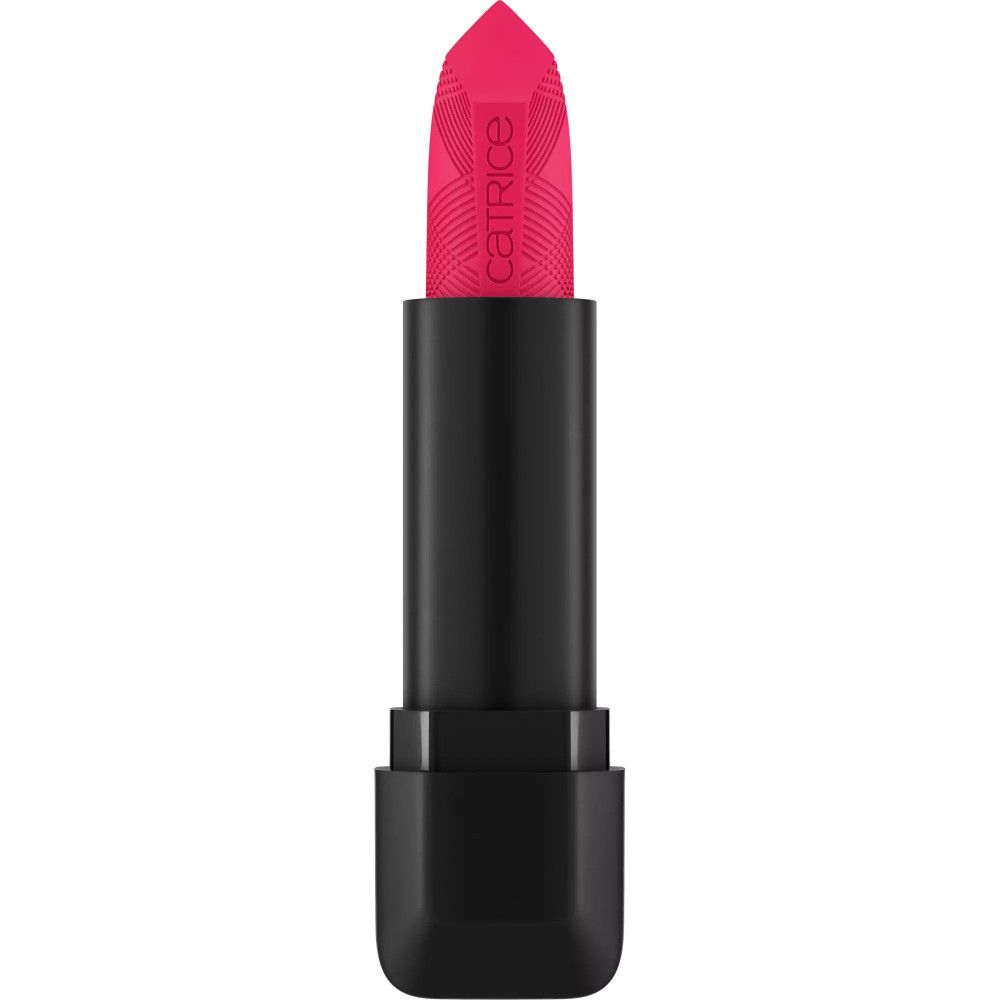 Schwarzer Lippenstift-Hülle mit pinkfarbenem Lippenstift. Der Lippenstift ist ausgefahren. Auf dem Lippenstift ist ein Muster zu sehen.