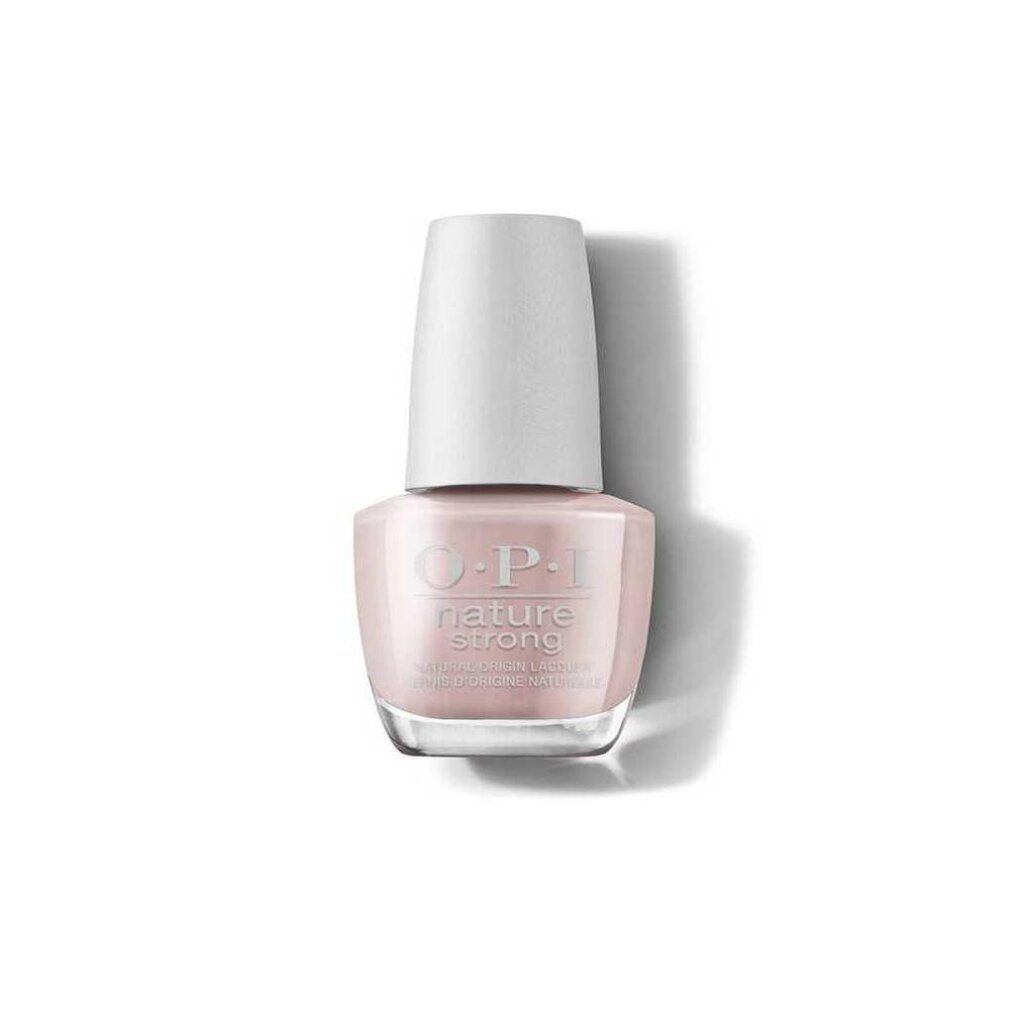 Nagellackflasche mit rosafarbenem Inhalt und weißem Deckel. OPI Nature Strong-Logo.