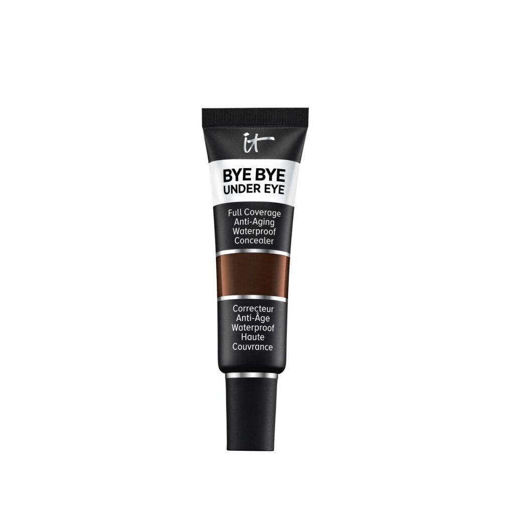 Concealer-Tube mit Aufschrift "IT BYE BYE UNDER EYE". Farbton: Dunkelbraun. Text: Full Coverage, Anti-Aging, Waterproof Concealer.