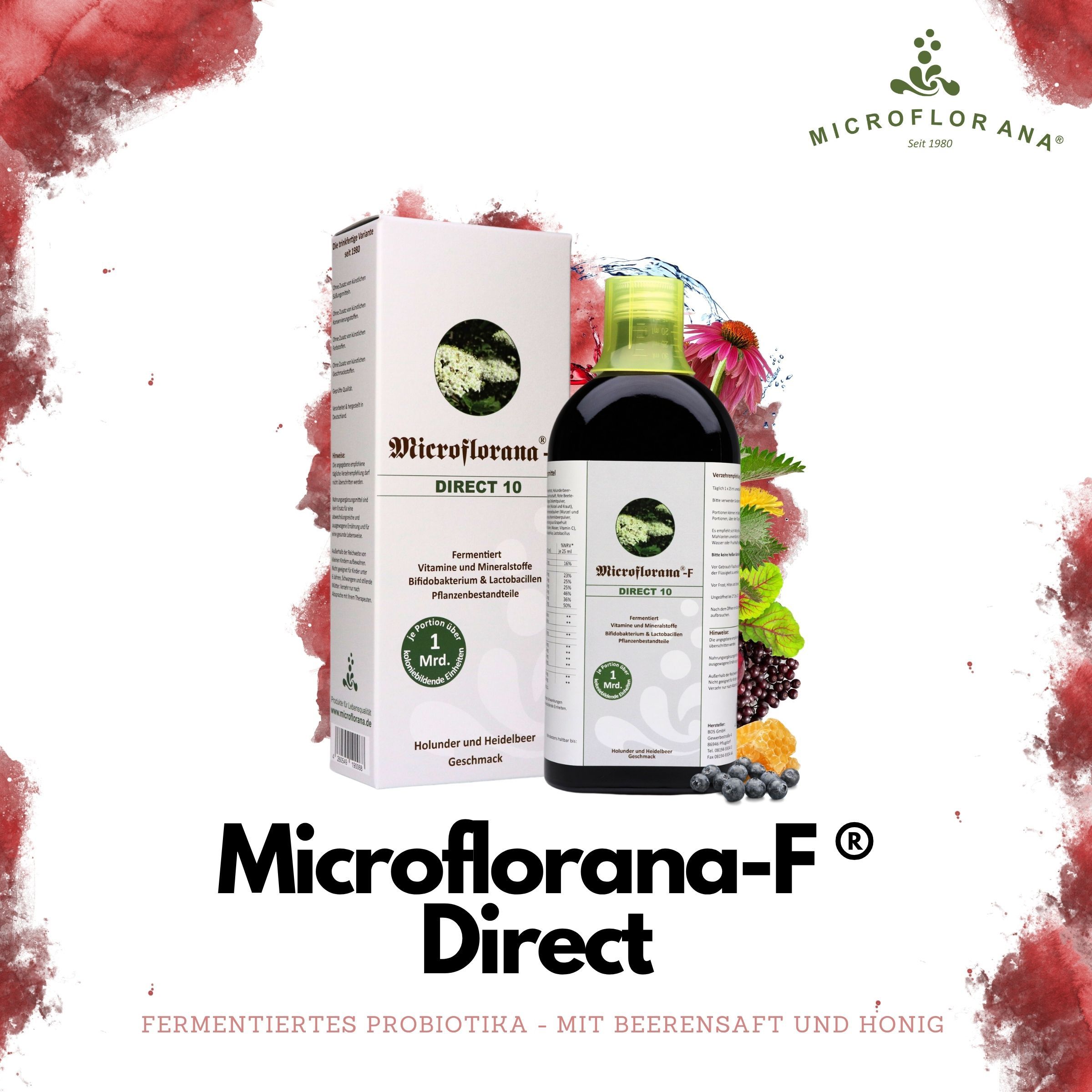 Produktflasche und Verpackung mit Aufschrift Microflorana-F Direct. Fermentiertes Probiotika. Mit Beeren- und Honigsaft.