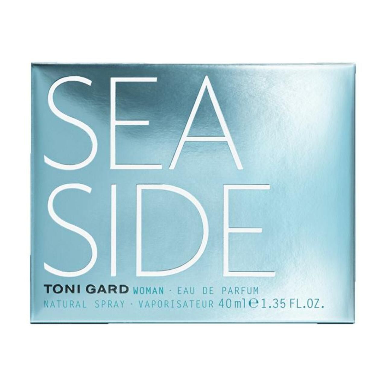 Hellblaue Schachtel mit Schriftzug SEA SIDE. Unter dem Schriftzug steht TONI GARD WOMAN Eau de Parfum.