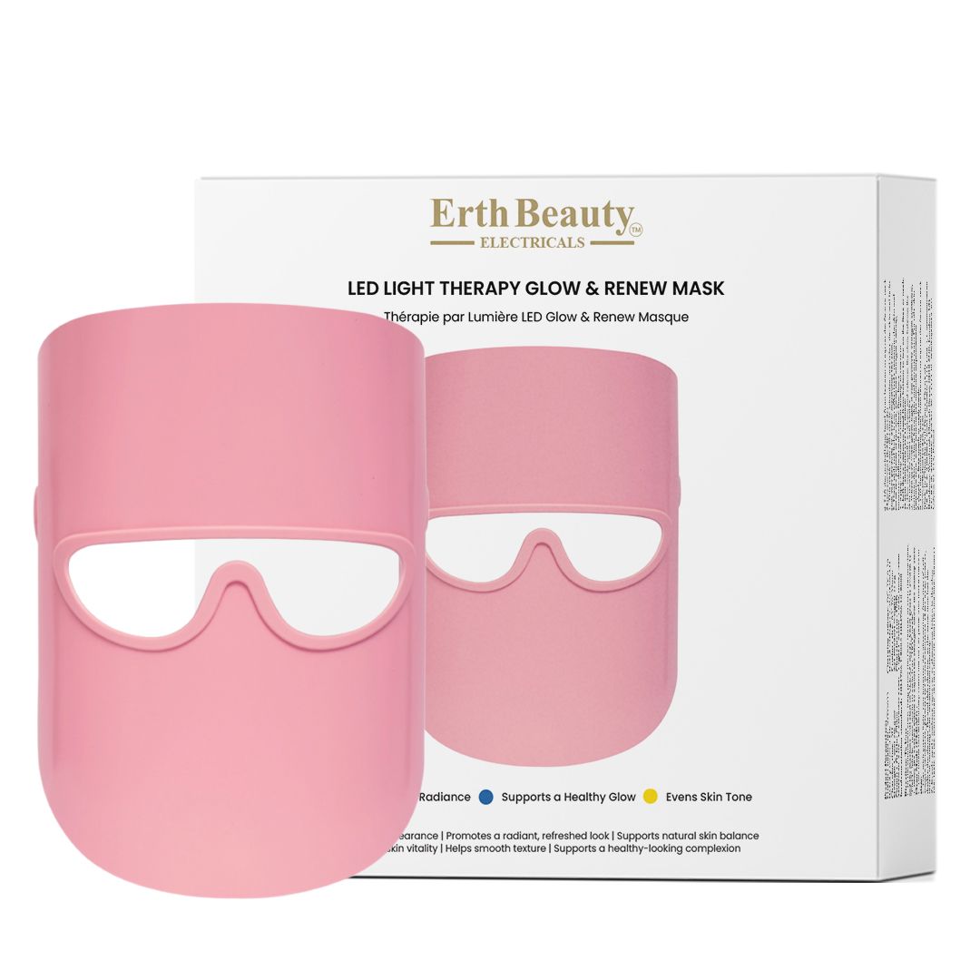 Eine rosafarbene LED-Maske neben ihrer Verpackung mit dem Produktnamen.