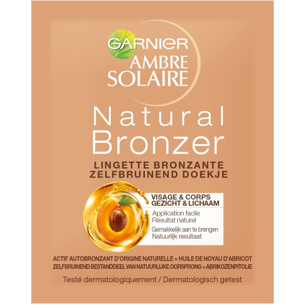 Garnier Ambre Solaire Natural Bronzer. Selbstbräunungstücher für Gesicht & Körper. Verpackung mit Produktabbildung und Text.