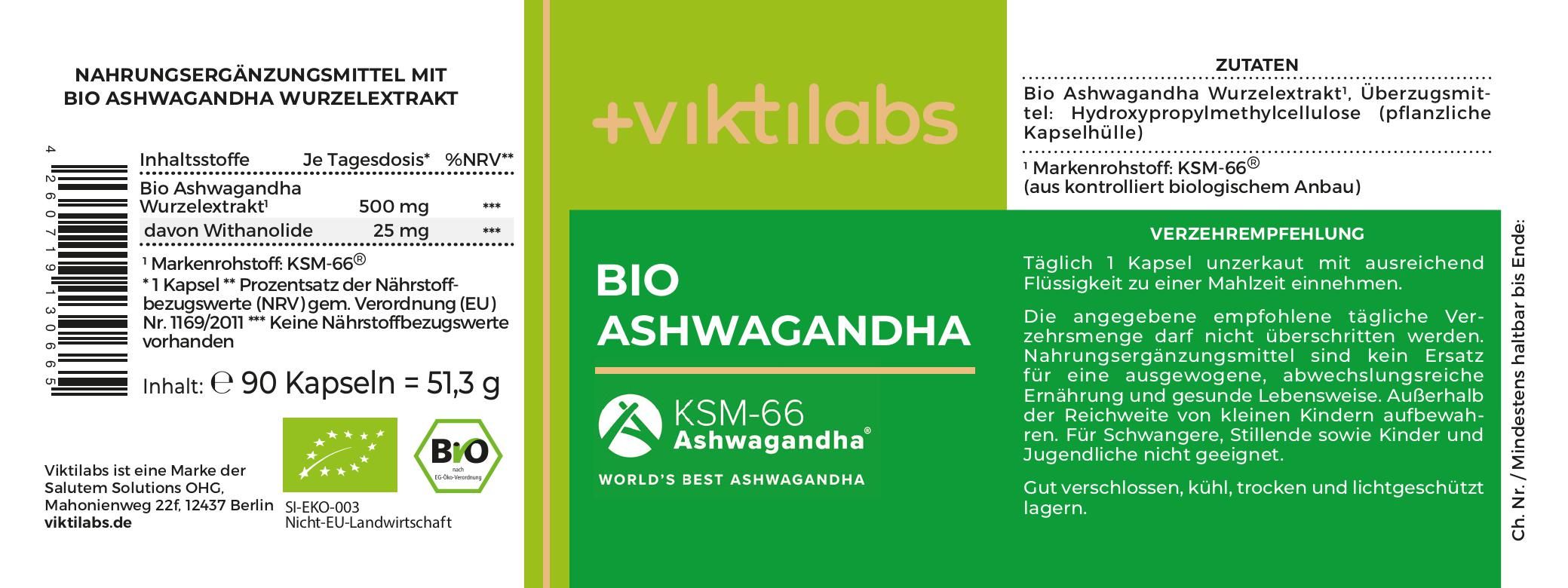 Viktilabs Bio Ashwagandha: Hochwertiger Wurzelextrakt mit Withanoliden (KSM-66®)