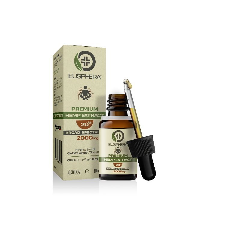 Flacone di vetro ambrato con contagocce e confezione. Scritta: Eusphera, Premium Hemp Extract 20% Broad Spectrum.