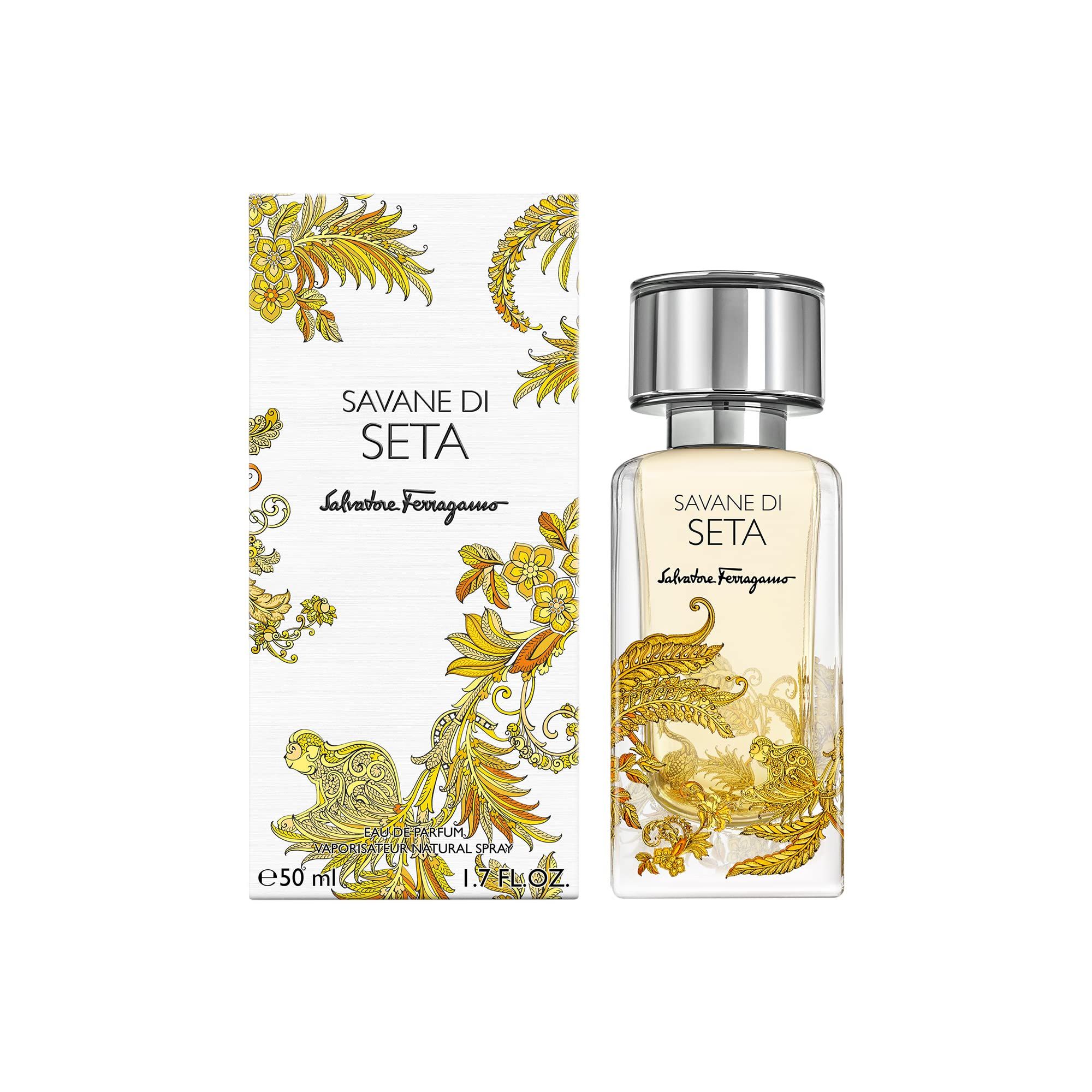 Salvatore Ferragamo Savane di Seta EdP Nat. Spray. Flakon und Verpackung mit goldenen Verzierungen. Aufschrift: Savane di Seta, Salvatore Ferragamo.