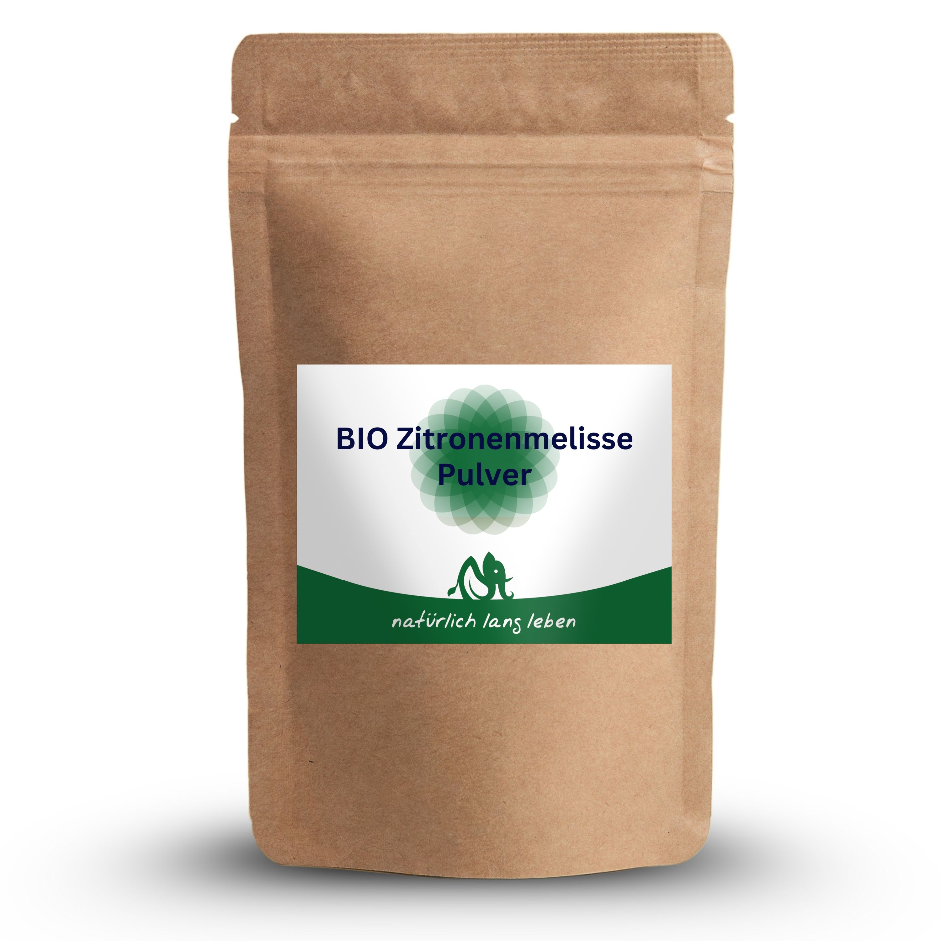 Beutel mit BIO Zitronenmelisse Pulver. Aufkleber mit Produktinformationen und Logo. Brauner Papierbeutel.