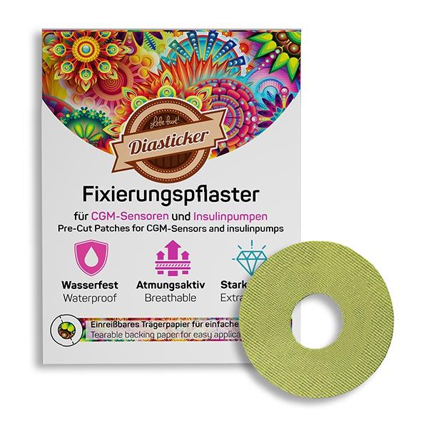Fixierpflaster mit Loch, hellgrün. Verpackung mit Produktnamen und Eigenschaften: wasserfest, atmungsaktiv, stark.