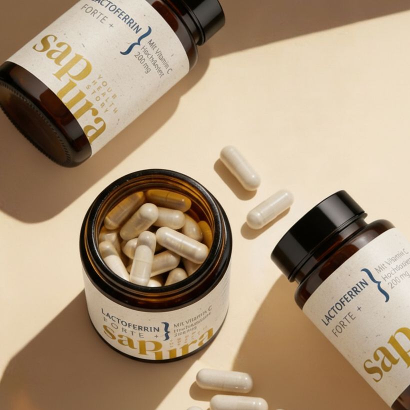 Braune Glasflaschen und Kapseln. Aufschrift: Lactoferrin Forte +, Vitamin C, Sapura. Kapseln liegen verstreut.