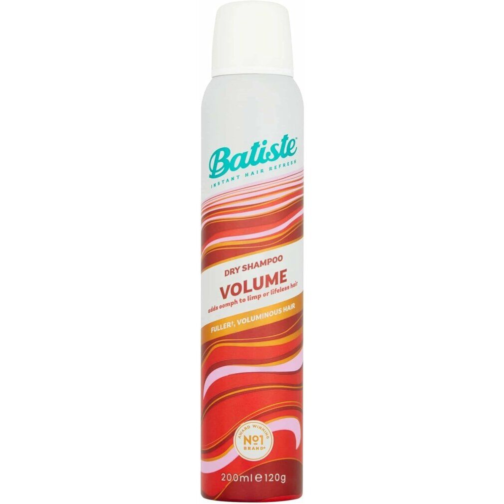 Weiß-rote Sprühdose mit weißem Deckel. Aufschrift: Batiste Dry Shampoo & Volume. Mit rotem und braunem Wellenmuster.