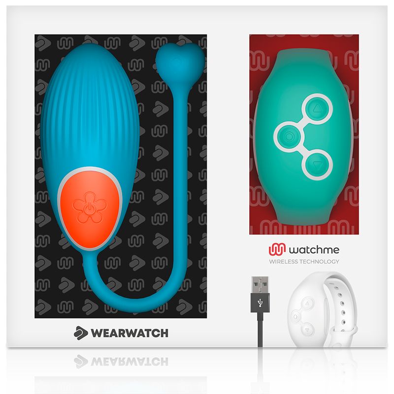 Verpackung mit blauem Ei, grünem Armband und weißem Armband. Marke: Wearwatch, watchme.