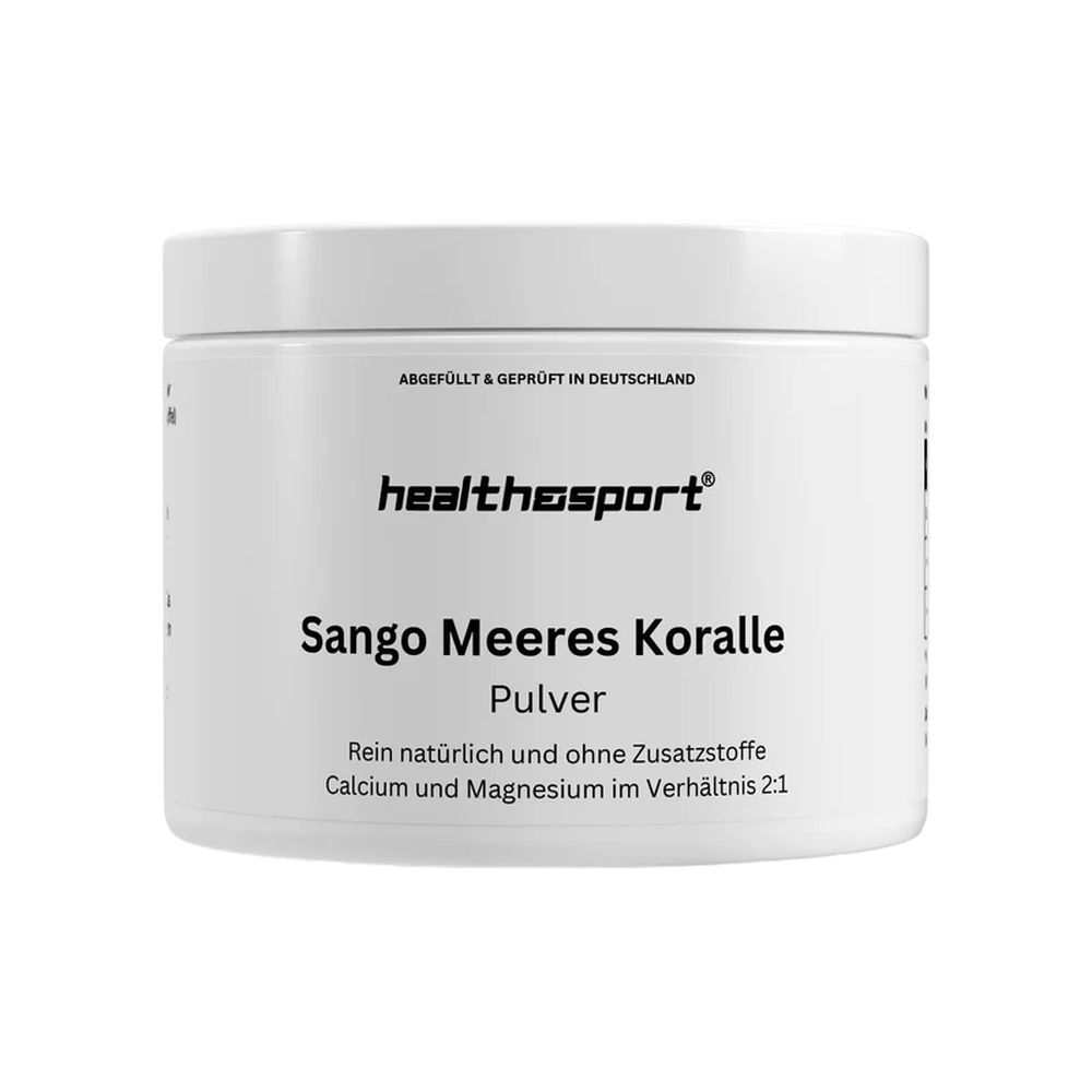 Weißes Produktbehälter mit "health & sport"-Logo und Text "Sango Meeres Koralle Pulver".