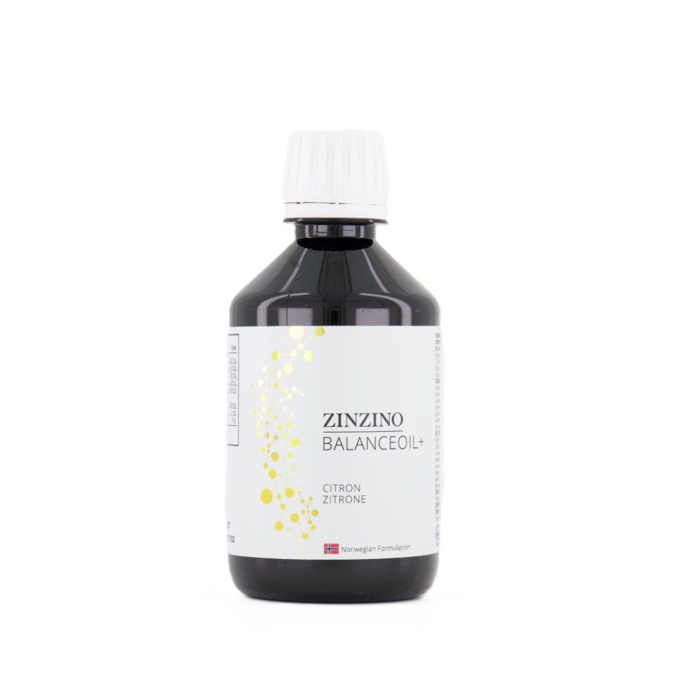 Braune Flasche mit weißem Deckel. Etikett mit "Zinzino BalanceOil+" und "Zitrone". Norwegisches Produkt.