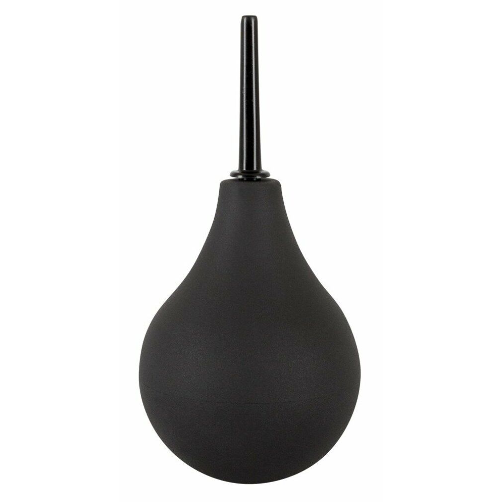 Schwarze Anal-Dusche mit schwarzem Applikator. Birnenförmig, mit einem schwarzen Applikator.
